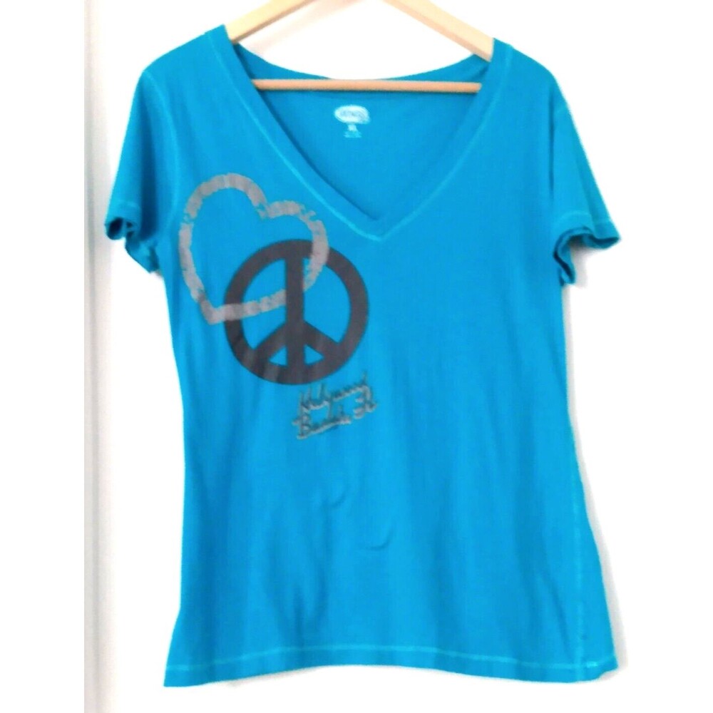 Wings Hollywood Beach, FL Love & Peace Woman's XL Teal Blue V-Neck Tee